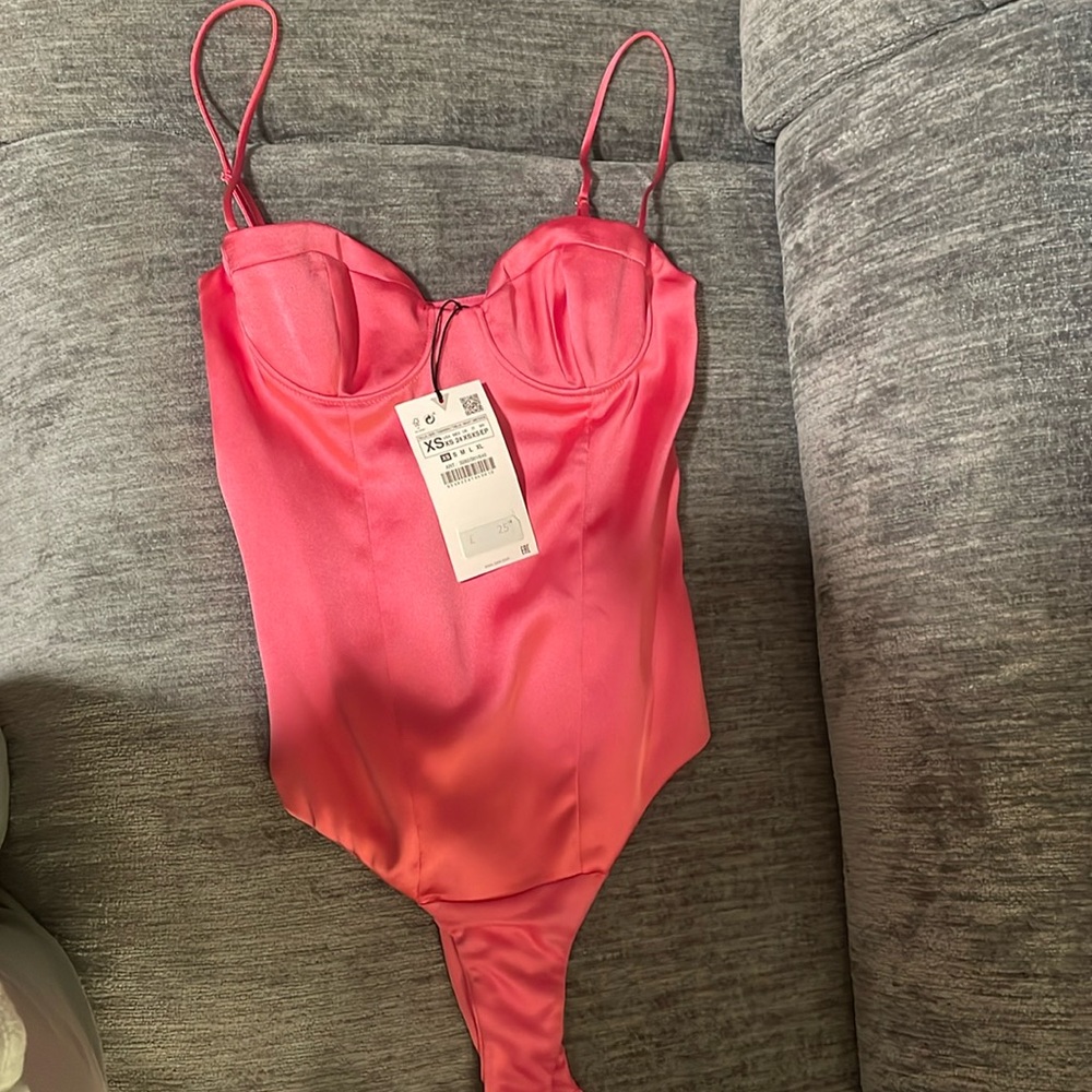 Zara XS hot pink satiny bodysuit. New with tags